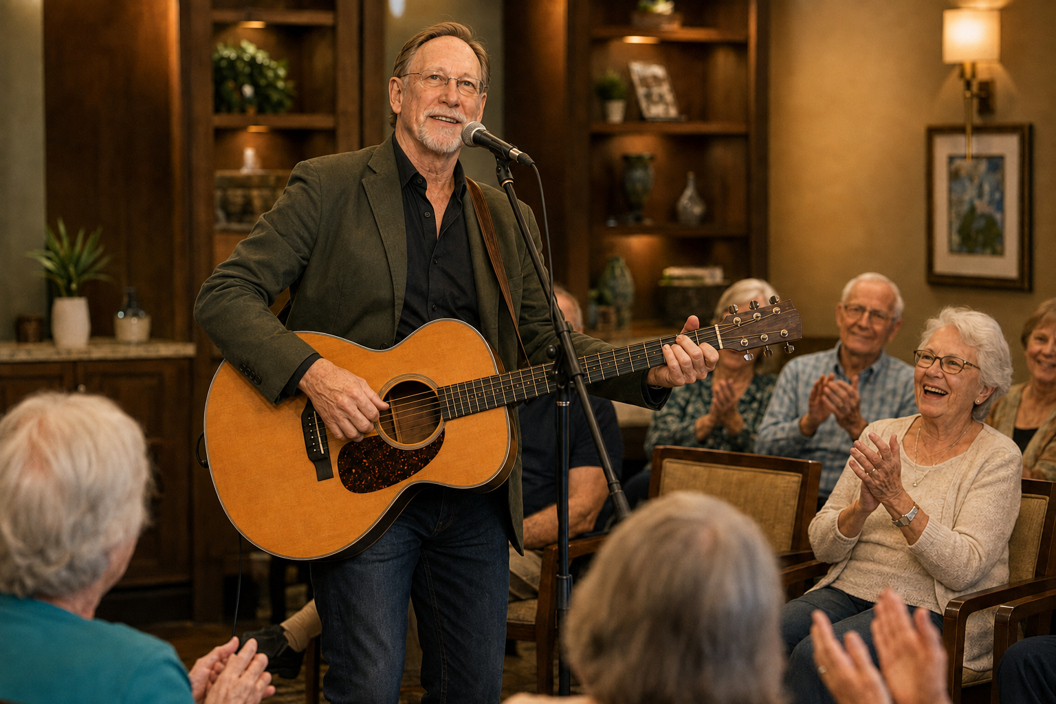 Lee Madden entertaining a smiling senior living community audience