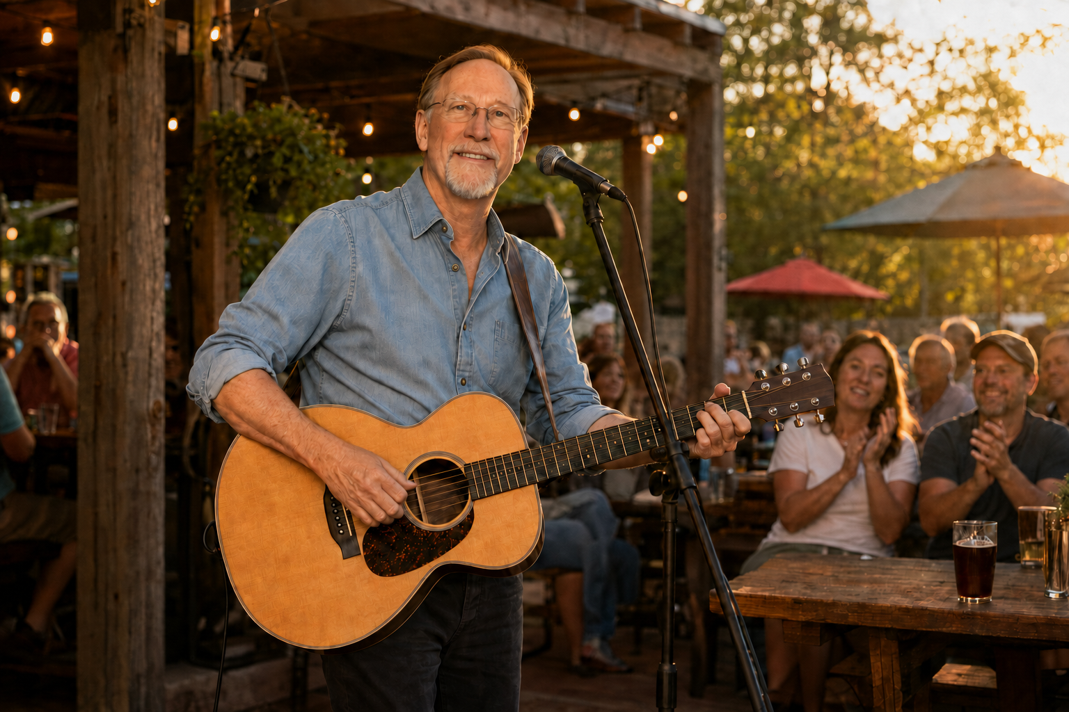 Lee Madden performing acoustic music for a patio crowd at sunset