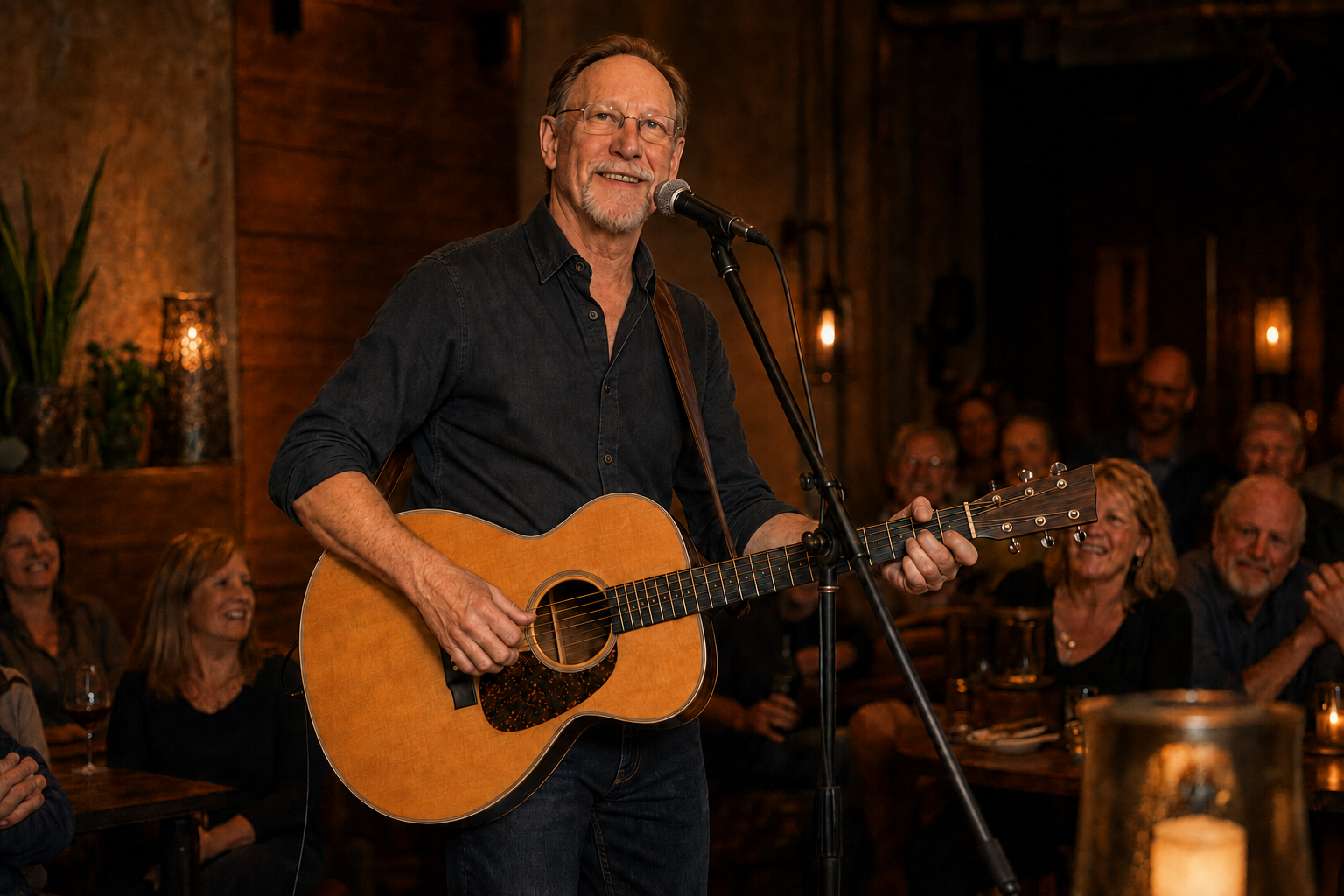 Lee Madden smiling while performing for guests at a local restaurant